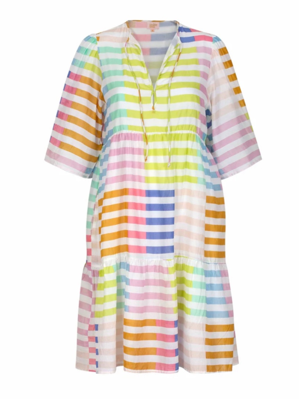 Sunshine Tienda Colorful Striped Multicolor Short Cotton Sleeve Mini Dress